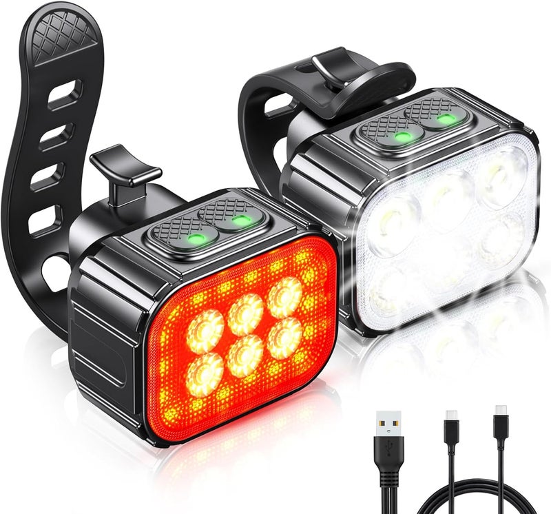Cuvccn Bike Lights Set Ultra Bright, Bicycle Light Rechargeable with 6 Spot & Flood Beams, IP65 Waterproof Bike Lights for Night Riding, DIY 4X4 + 6X6 Modes Bicycle Headlight and Tail Light Reflectors - Image 1